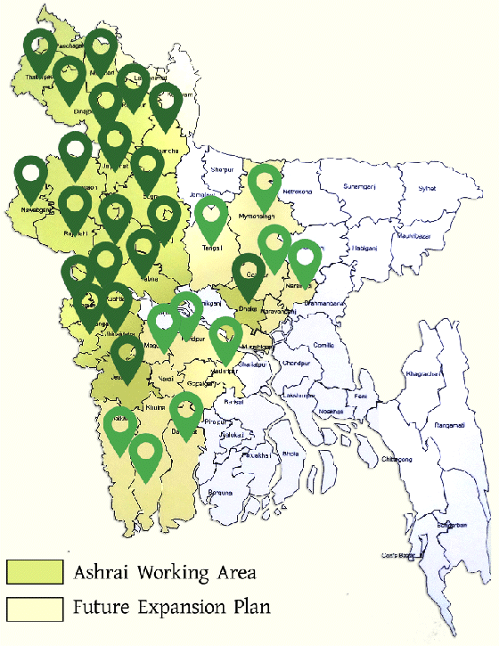 Map of Ashrai's working area across the divisions and districts of north-west Bangladesh
